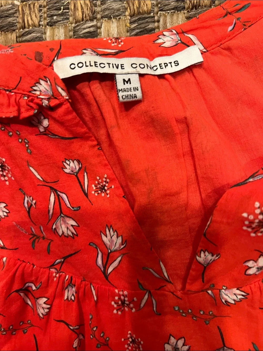 Collective Concepts Coral-Red Floral V-Neck Mini Dress medium